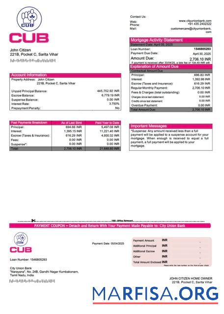 Printable India City Union Bank mortgage statement Word and PDF template